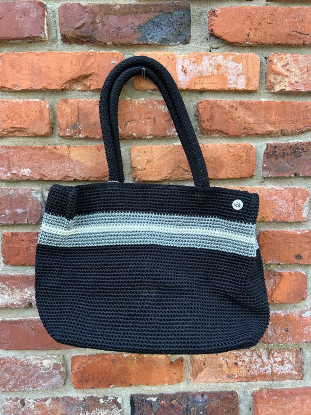 The Sak Black Crochet Tote with Gray Stripe Double Strap